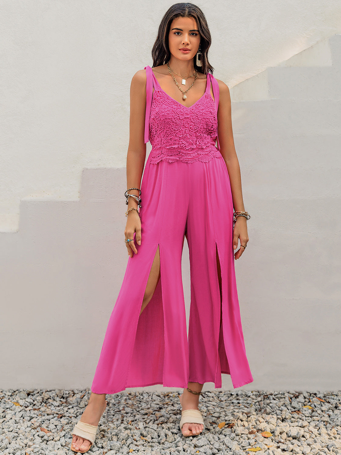 V-Neck Wide Strap Slit Jumpsuit