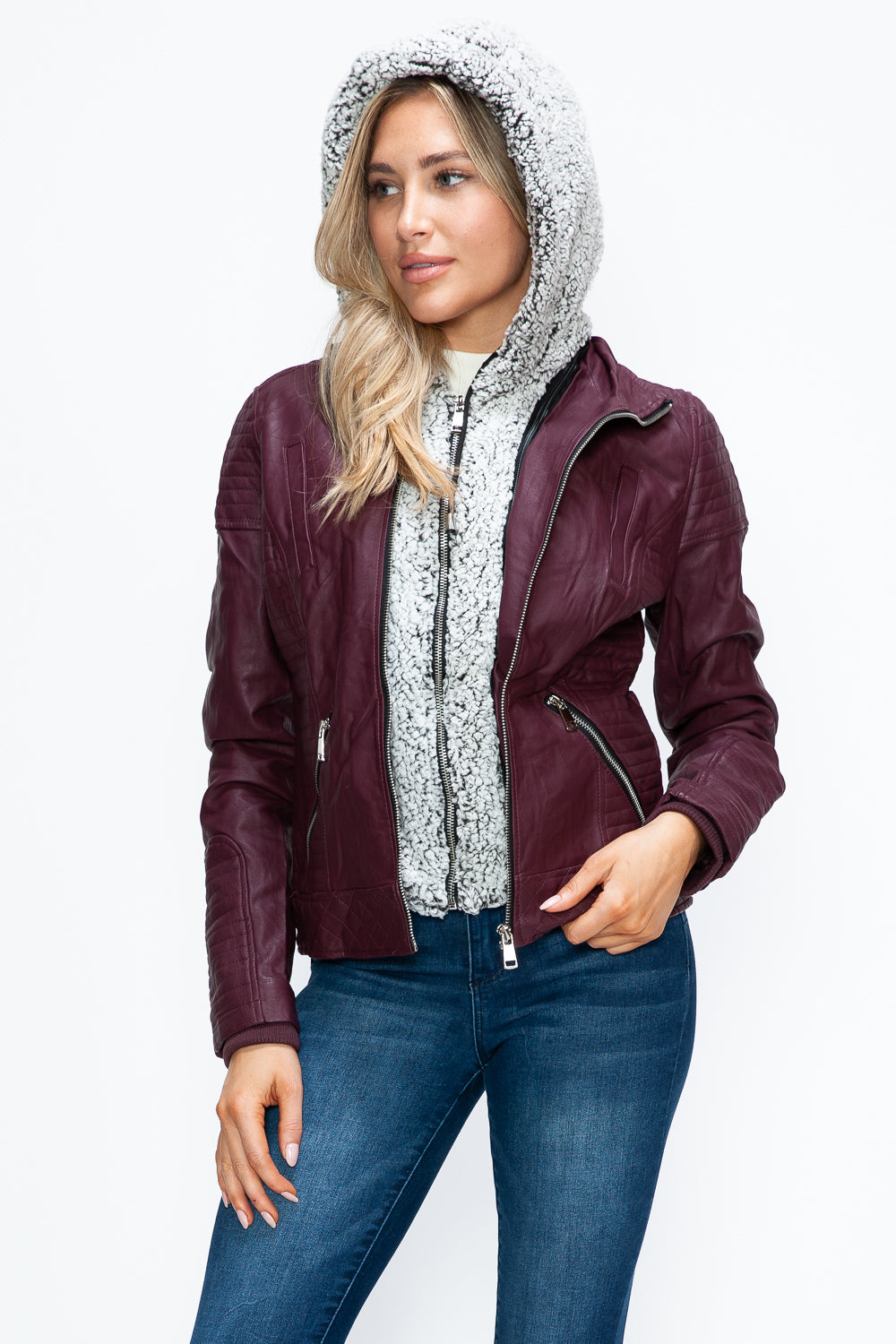 YMI Faux Layered Double-Zipper Jacket with Fuzzy Hood