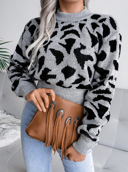 Leopard Round Neck Dropped Shoulder Sweater