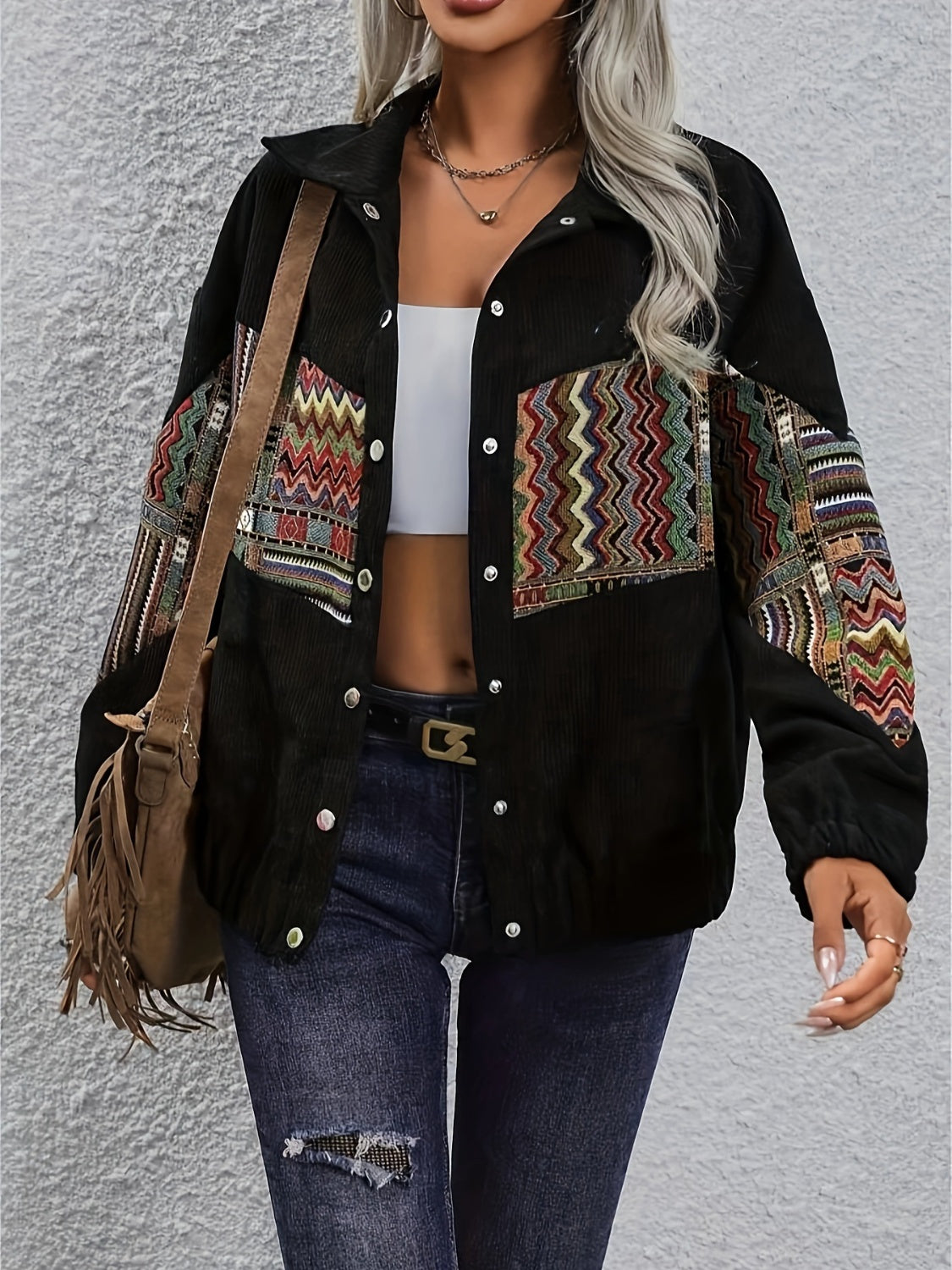 Embroidered Collared Neck Snap Down Jacket