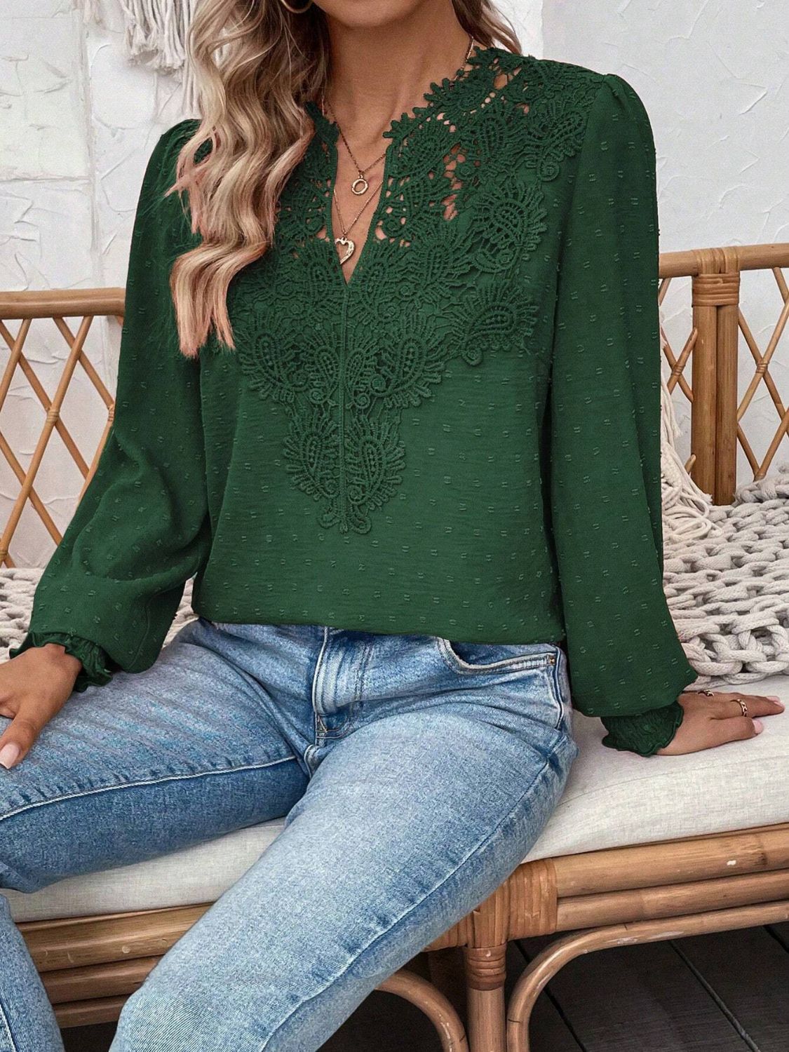 Swiss Dot Lace Detail Notched Long Sleeve Blouse