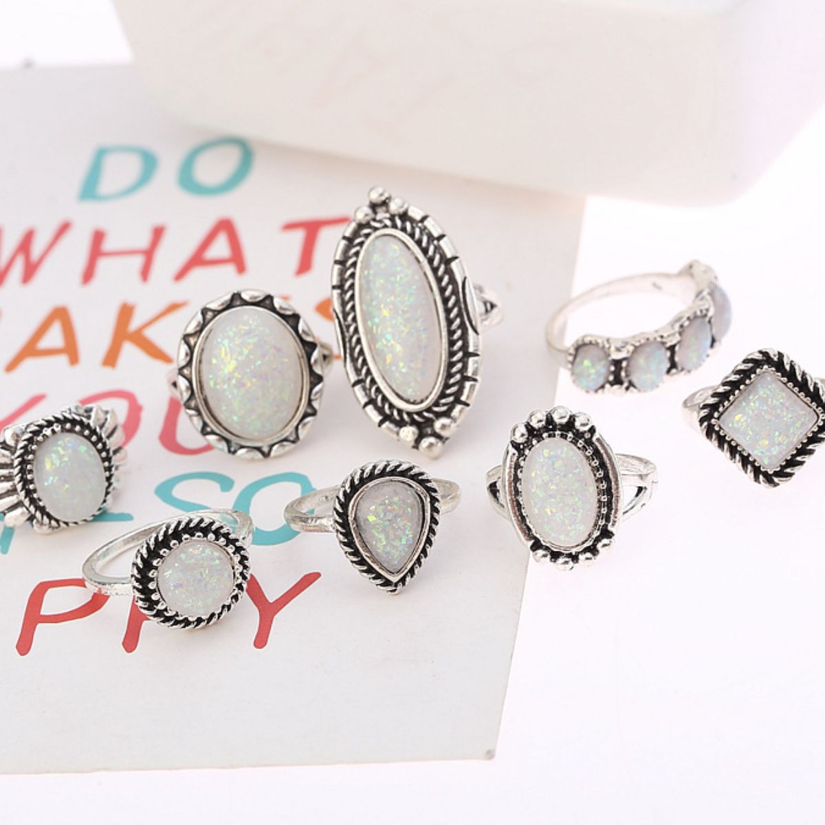 Opal Alloy Geometric Ring 10-Piece Set