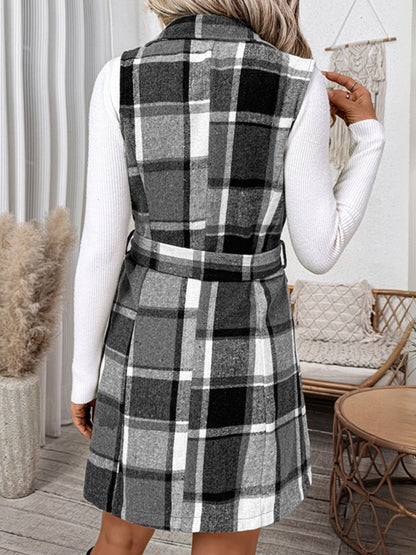 Perfee Tied Plaid Vest Coat