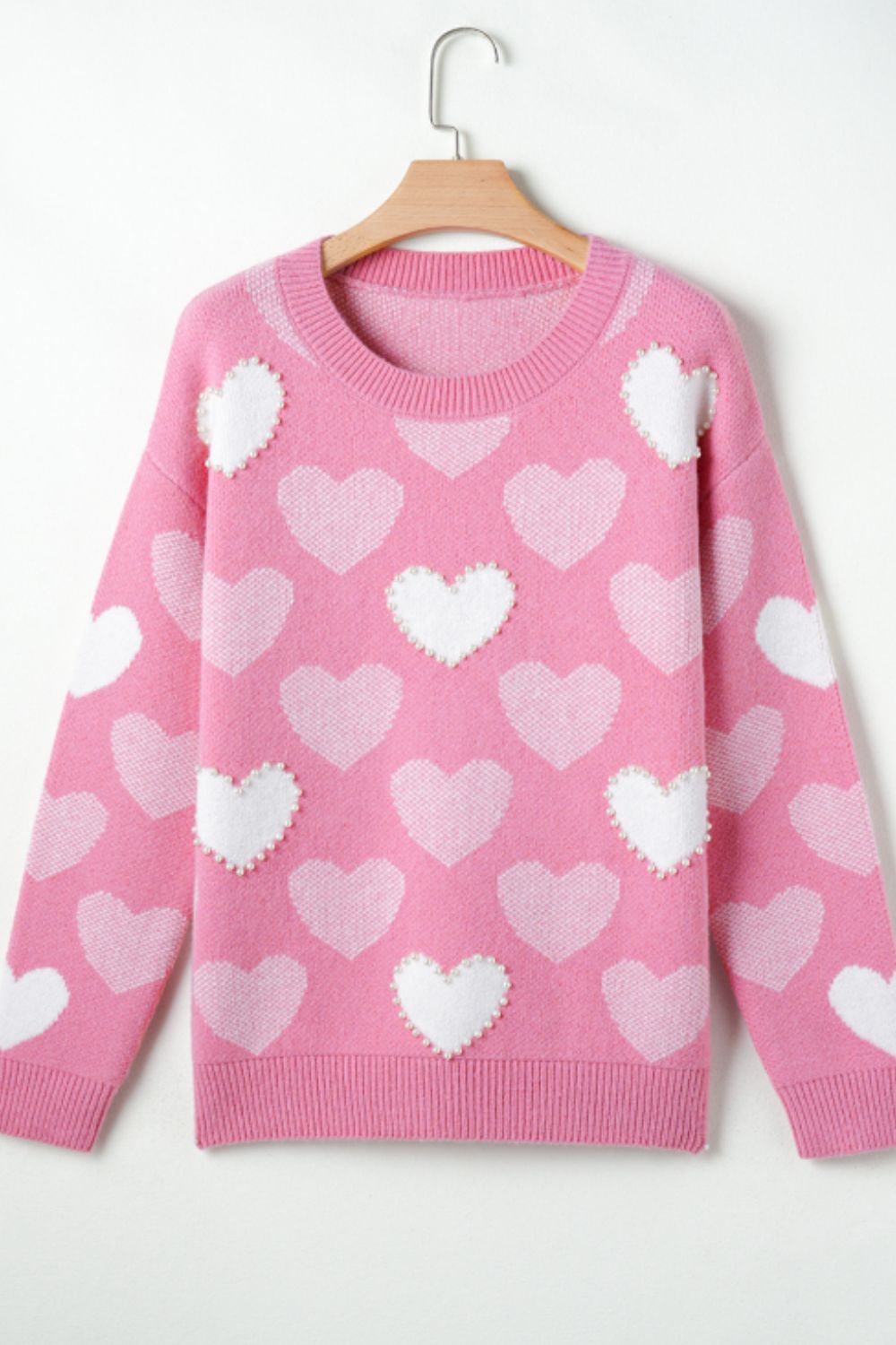 Pearl Trim Heart Round Neck Long Sleeve Sweater