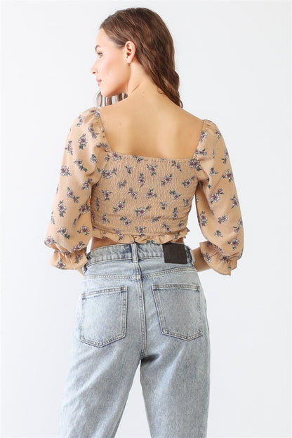 Tasha Apparel Floral Ruffle Smocked Back Ruched Crop Top