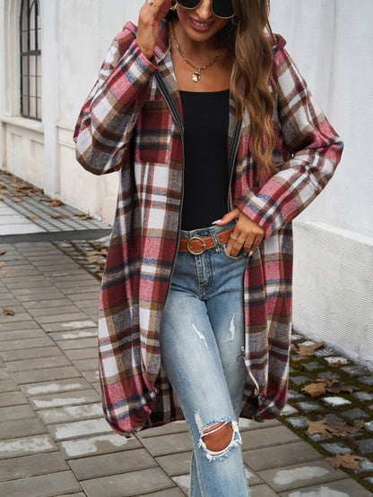 Plaid Zip Up Hooded Coat