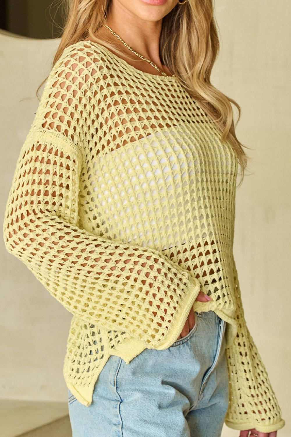 Openwork Round Neck Dropped Shoulder Knit Cover Up