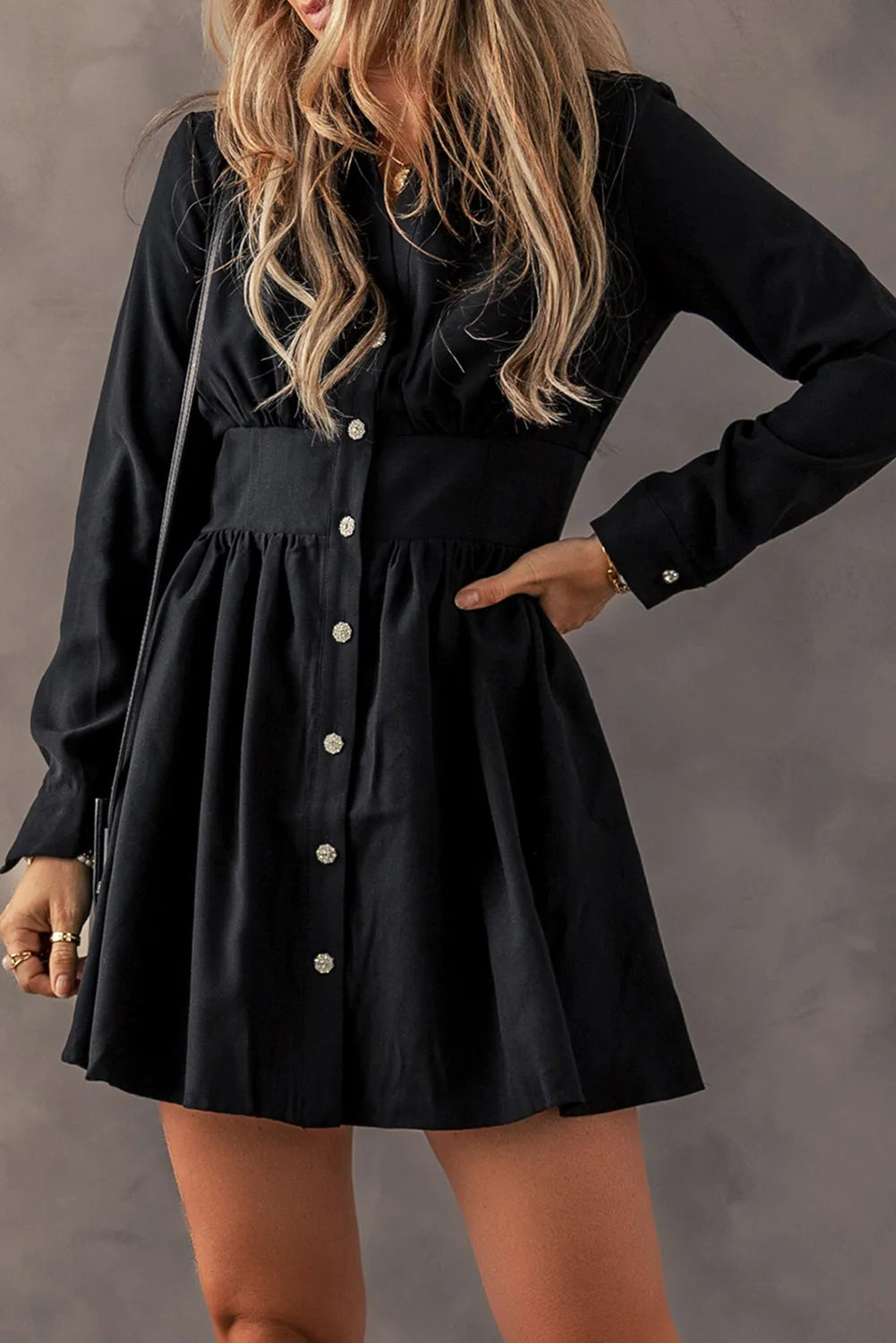 Ruched Button Up Long Sleeve Dress