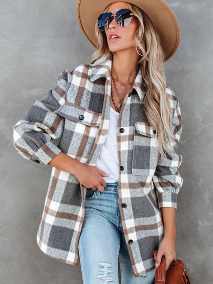 Plaid Collared Neck Long Sleeve Jacket