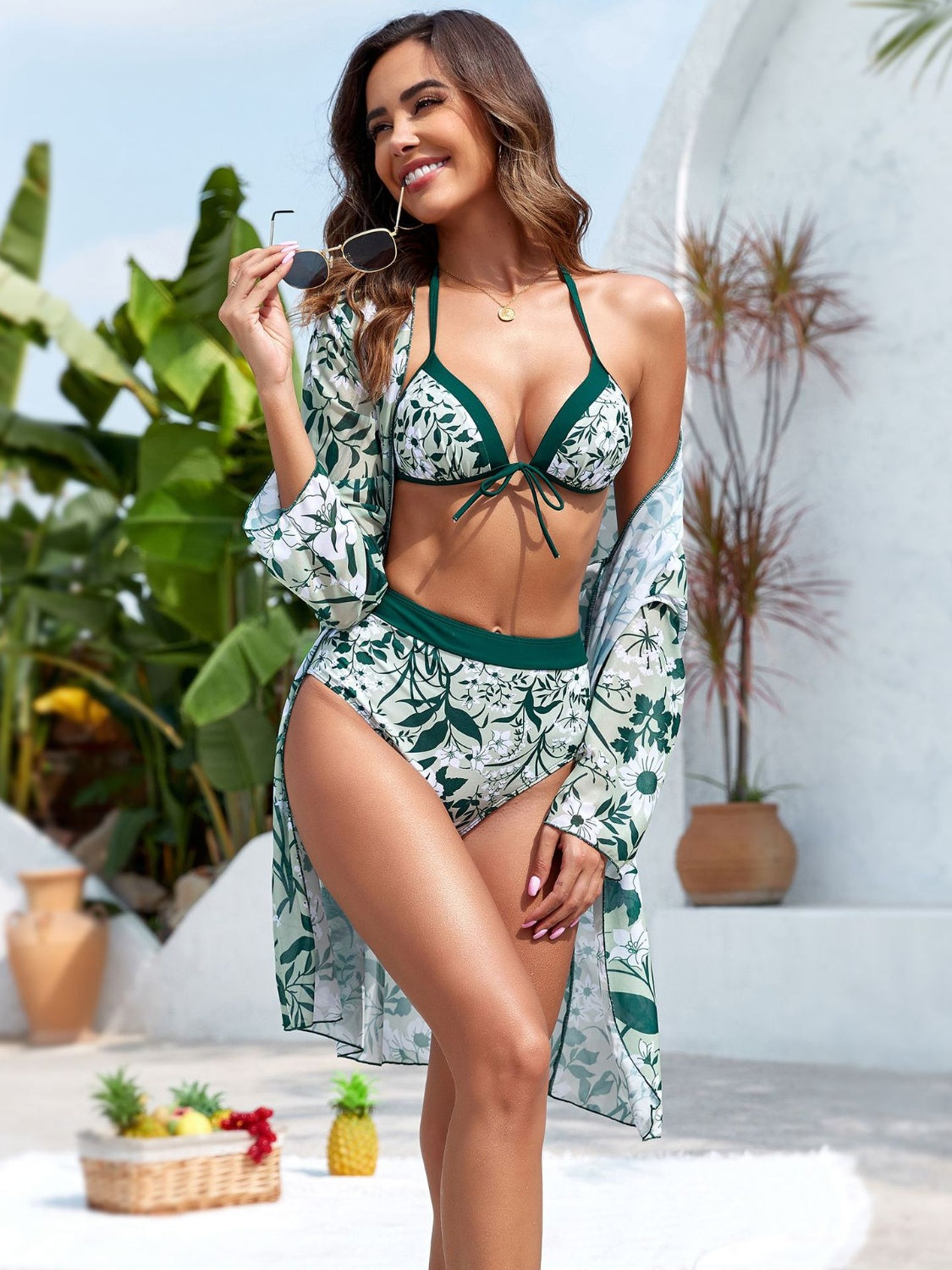 Printed Halter Neck Three-Piece Swim Set