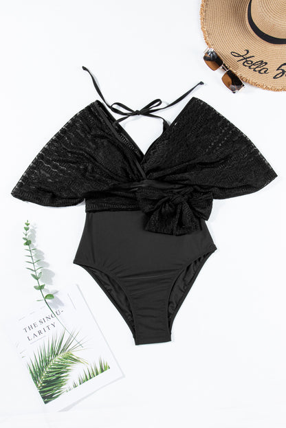 Tied Lace Detail V-Neck Half Sleeve One-Piece Swimwear