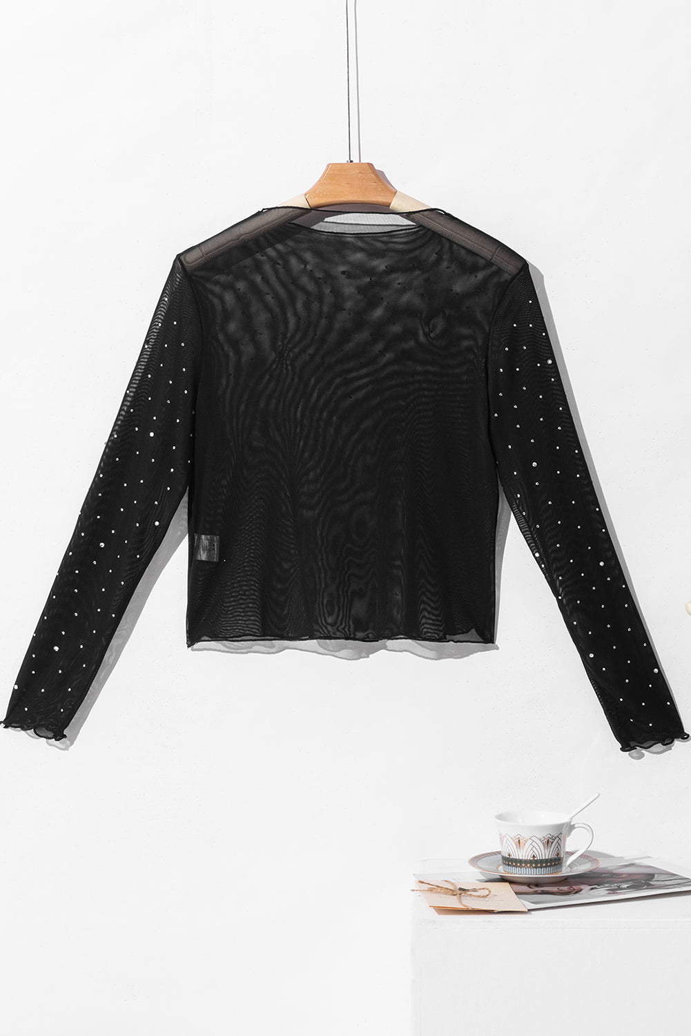 Rhinestone Sheer Mesh Mock Neck Long Sleeve Top