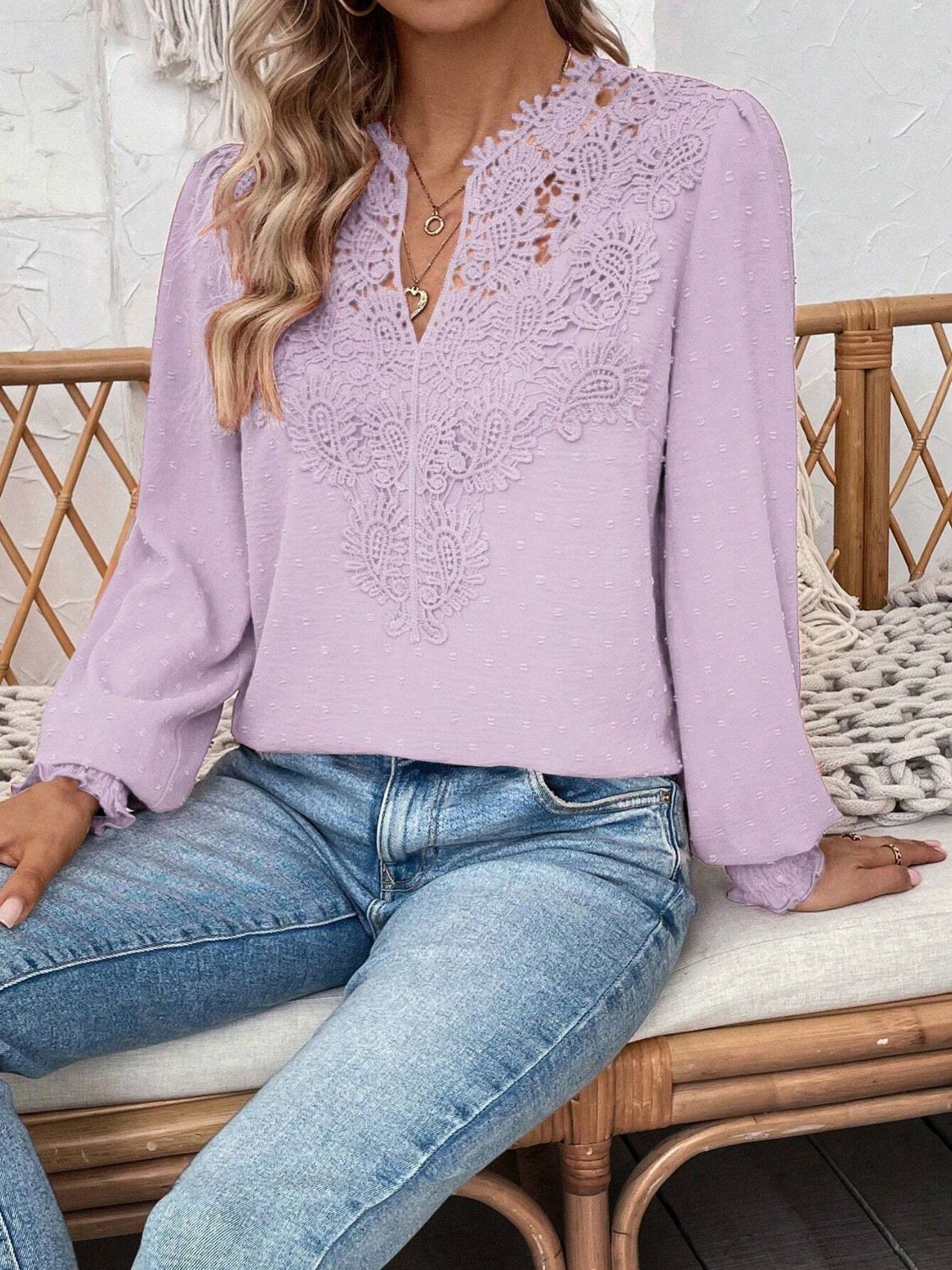 Swiss Dot Lace Detail Notched Long Sleeve Blouse