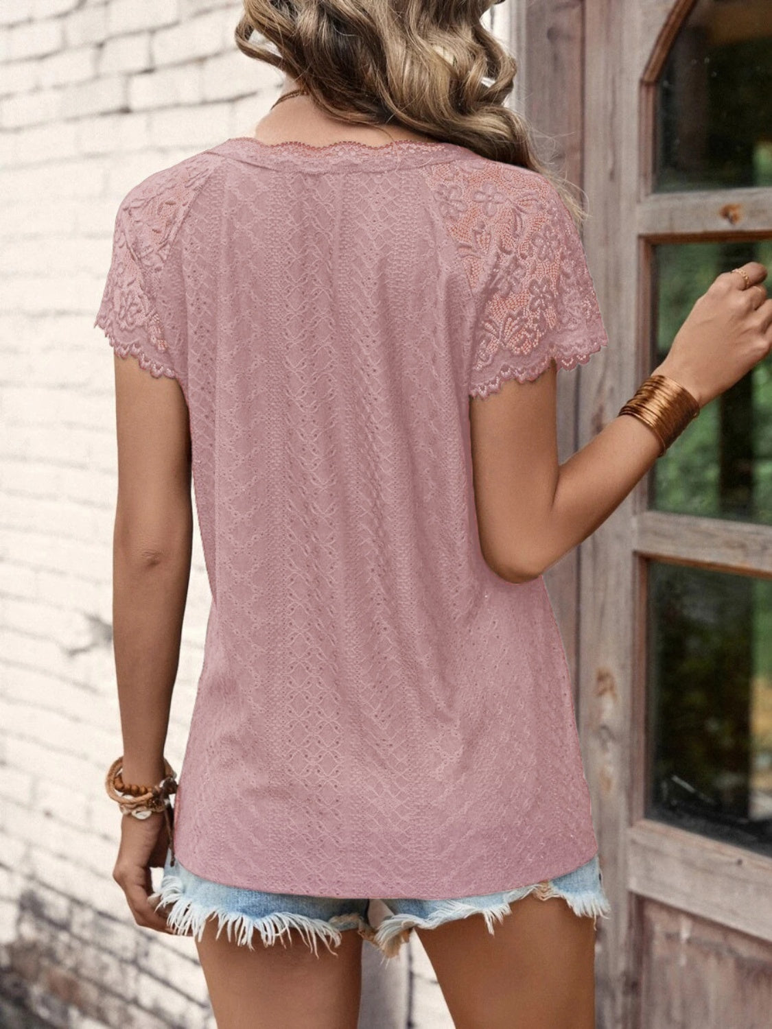 Lace Detail V-Neck Short Sleeve T-Shirt