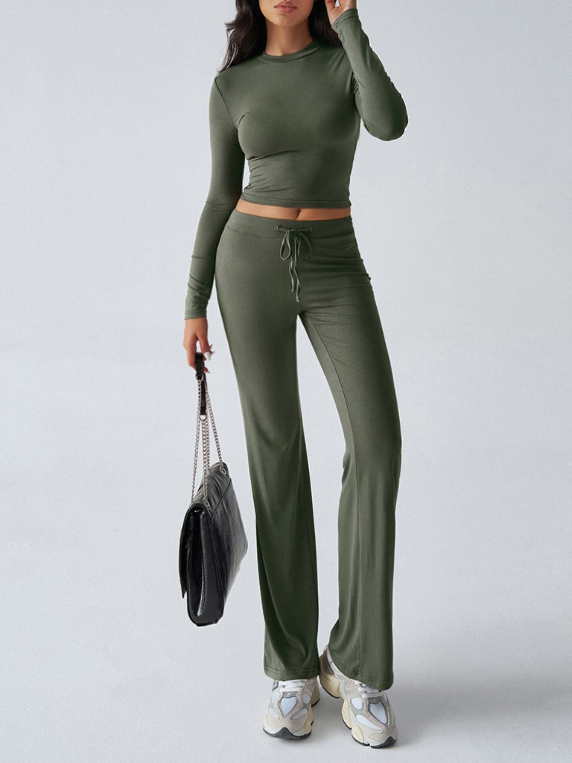 Devine Round Neck Long Sleeve Top and Drawstring Pants Set