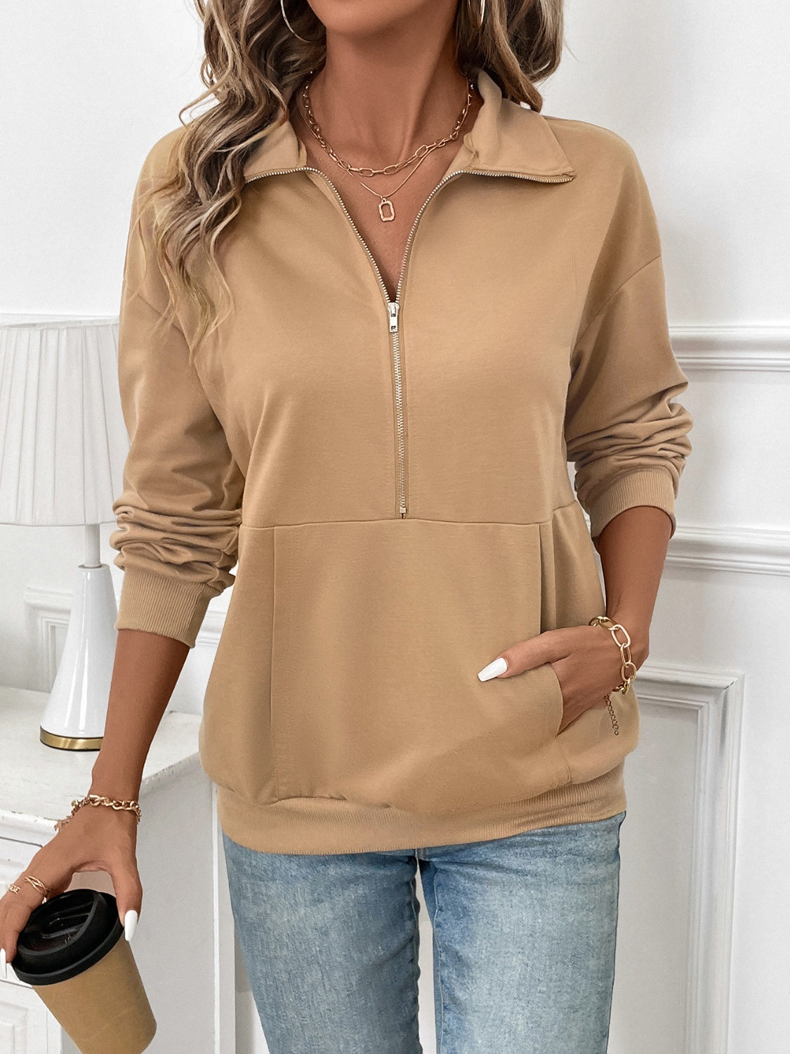 Half Zip Kangaroo Pocket Long Sleeve Sweatshirt