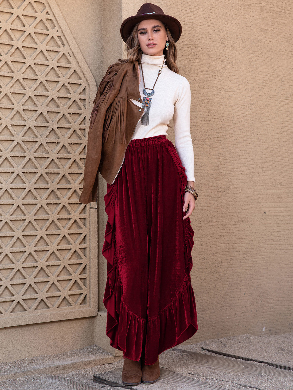 Slit Ruffled Wide Leg Pants