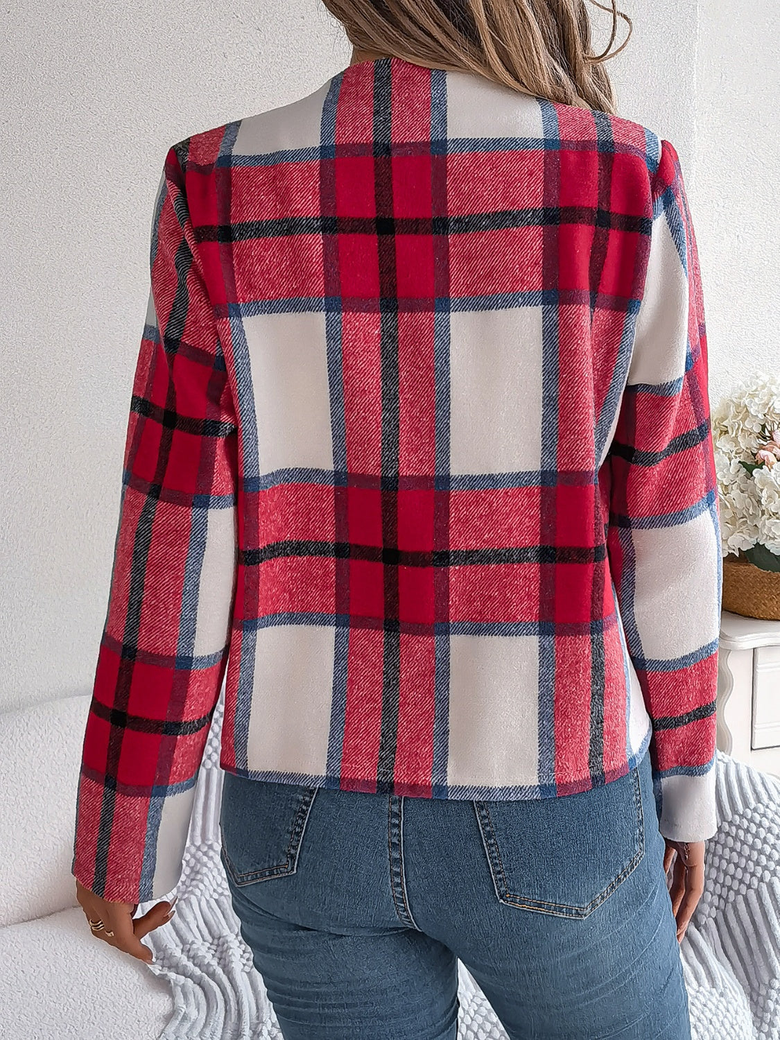 Plaid Open Front Long Sleeve Jacket