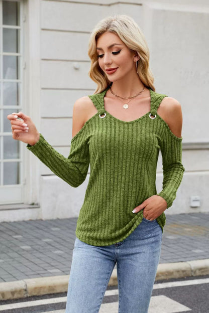 Ribbed Cold Shoulder Long Sleeve Top