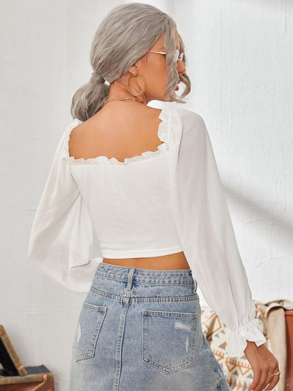 Mesh Sweetheart Neck Flounce Sleeve Top