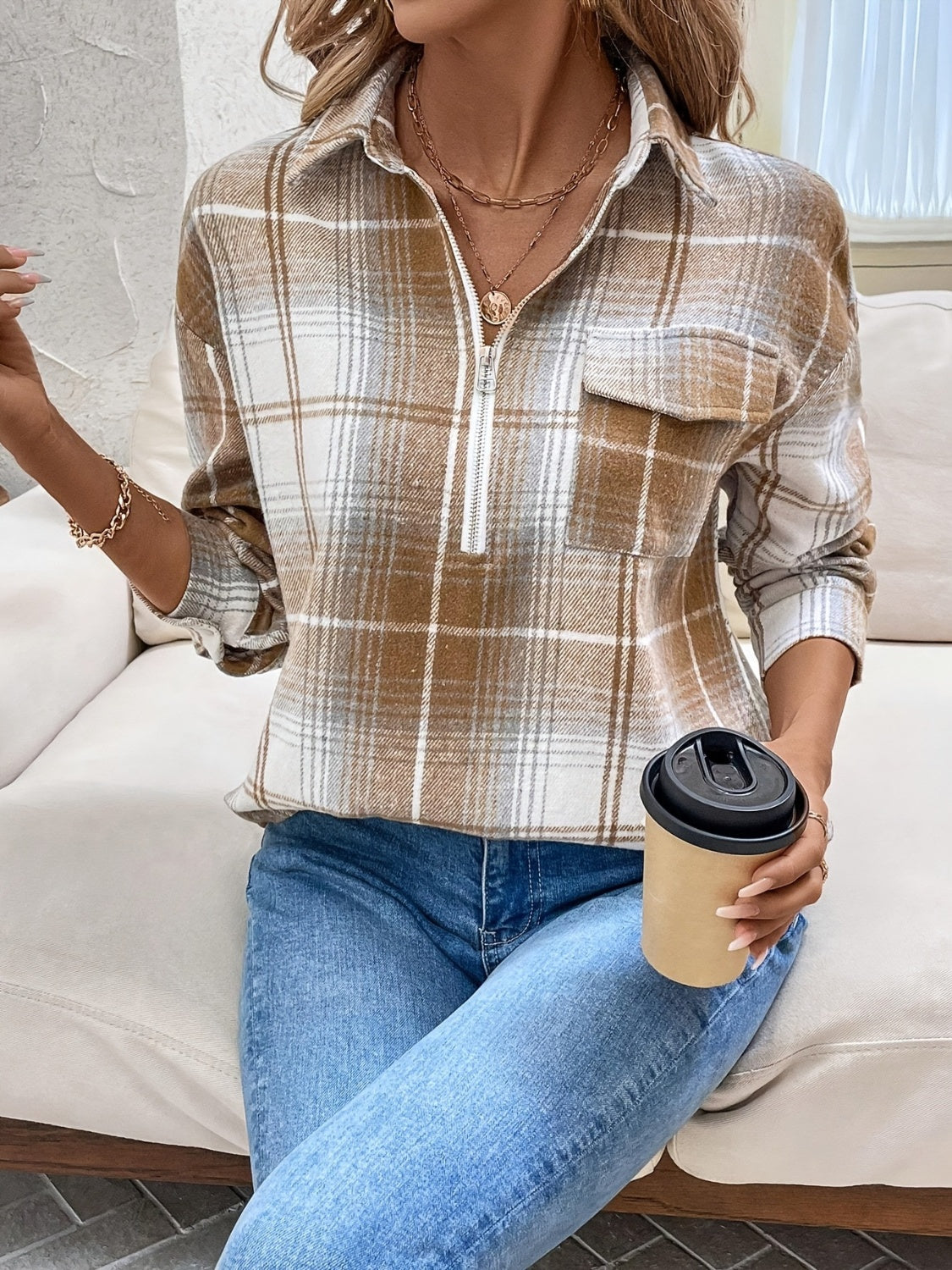 Plaid Collared Neck Half Zip Long Sleeve Top