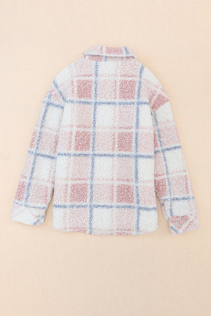 Plaid Button Up Collared Neck Sherpa Jacket