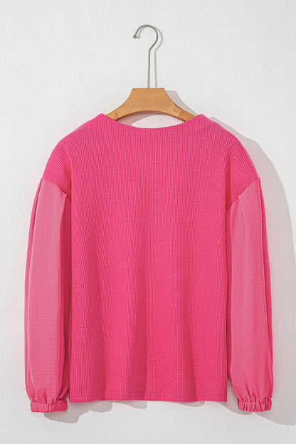 Waffle-Knit V-Neck Long Sleeve Blouse