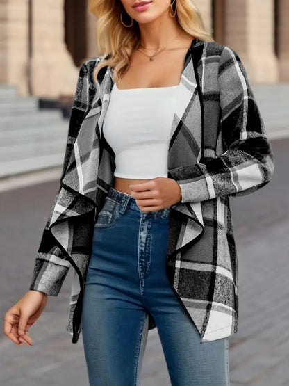 Plaid Open Front Long Sleeve Jacket