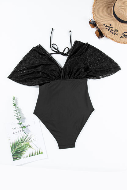 Tied Lace Detail V-Neck Half Sleeve One-Piece Swimwear