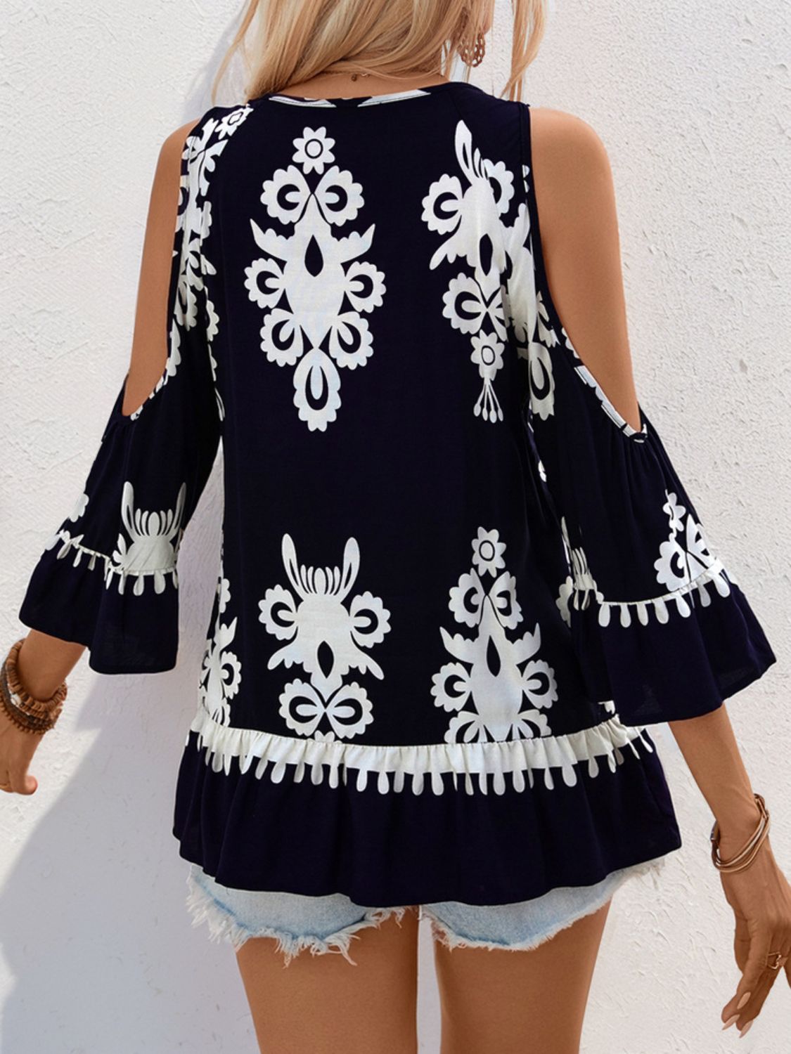 Tassel Printed Tie Neck Cold Shoulder Blouse