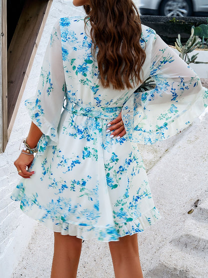 Ruffled Printed Surplice Half Sleeve Mini Dress