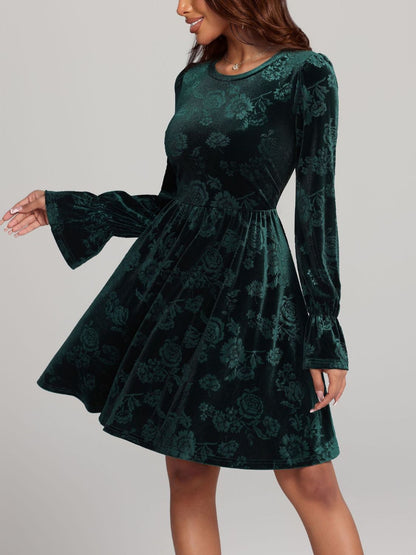 Tied Flower Print Round Neck Flounce Sleeve Dress