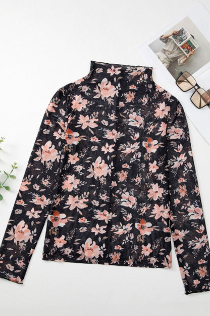 Floral Mock Neck Long Sleeve Blouse