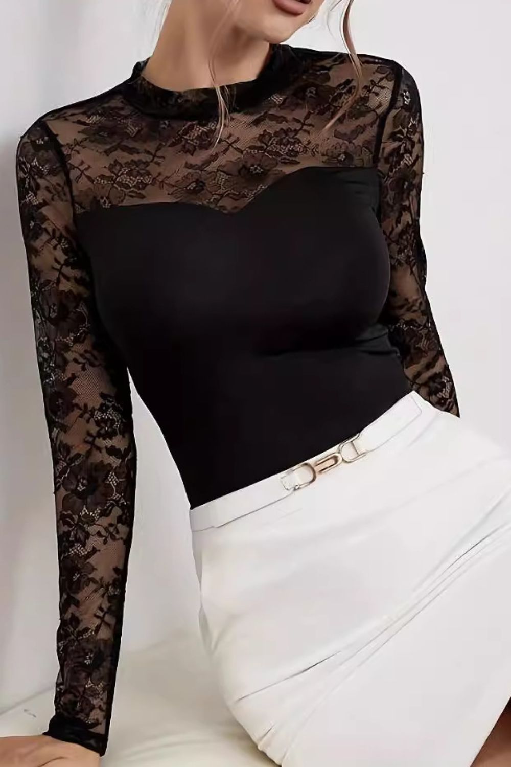 Lace Patchwork Mock Neck Long Sleeve Blouse