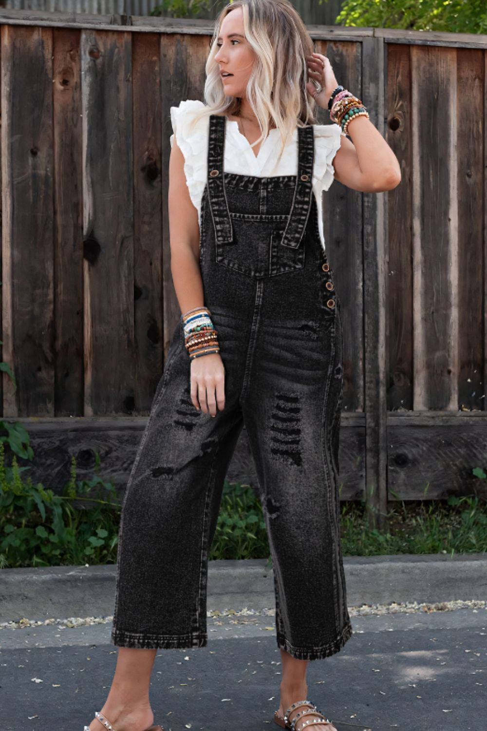 Distressed Wide Strap Denim Overalls