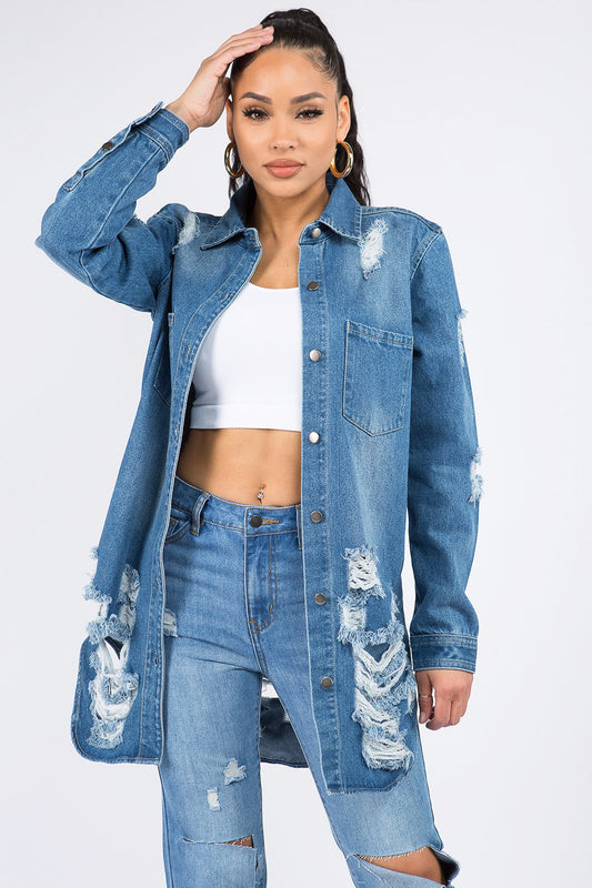 American Bazi Distressed Button Down Denim Shirt Jacket