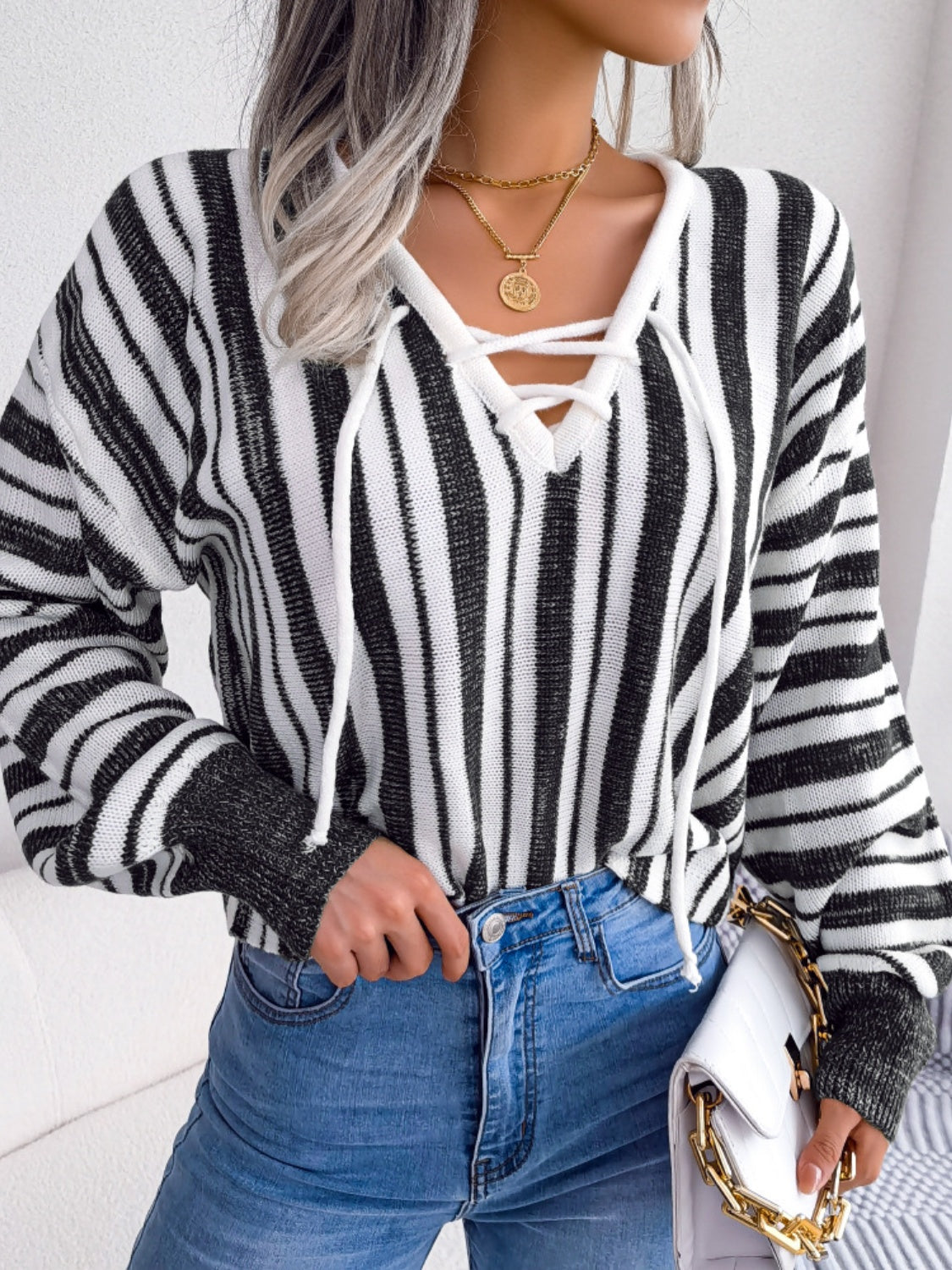 Striped Lace-Up Long Sleeve Sweater