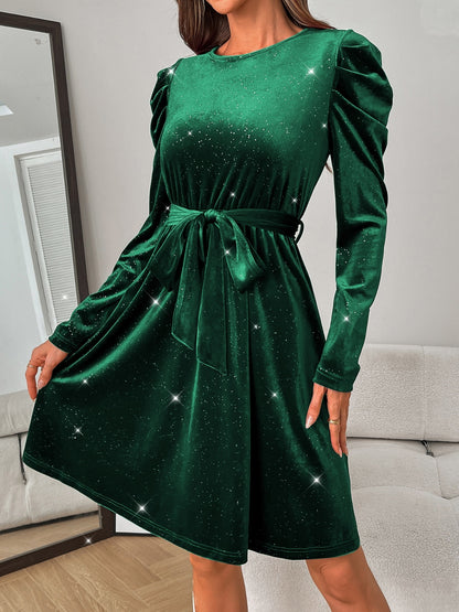 Glitter Round Neck Puff Sleeve Dress