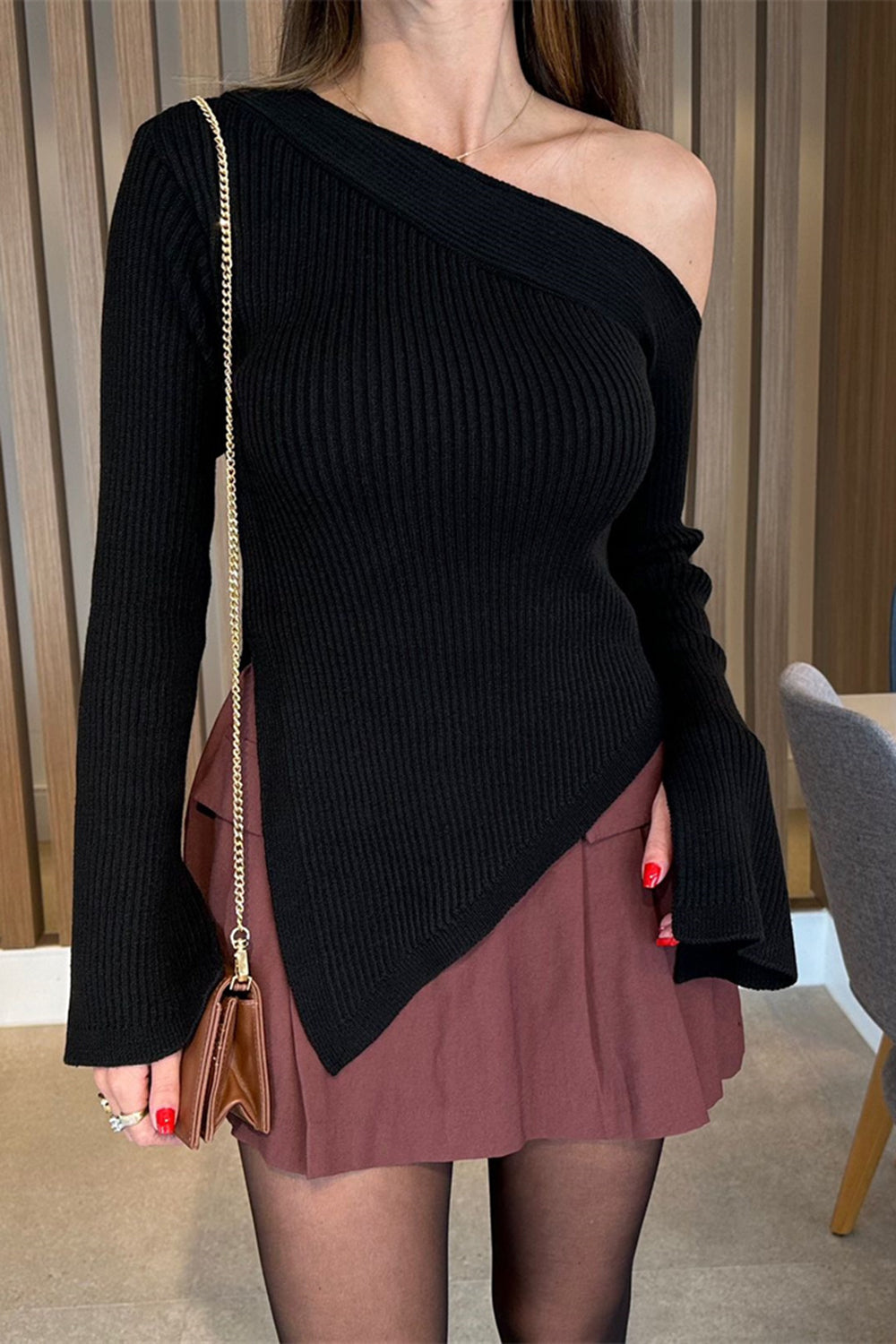 Asymmetric Hem Single Shoulder Sweater