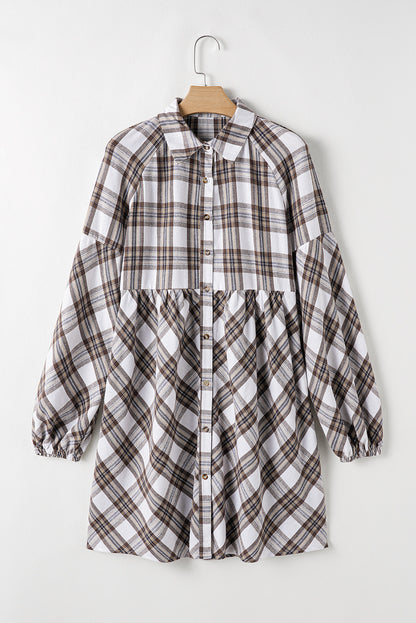 Full Size Plaid Collared Neck Balloon Sleeve Mini Shirt Dress