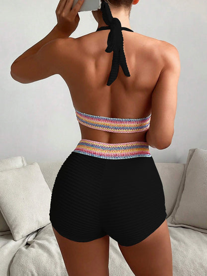 Backless Textured Halter Neck Two-Piece Swim Set