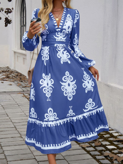 Ruffled Printed Plunge Long Sleeve Dress