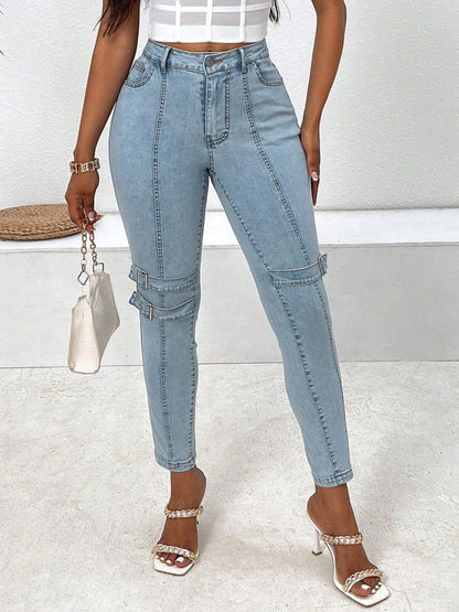 Decorative Buckle Skinny Jeans with Pockets