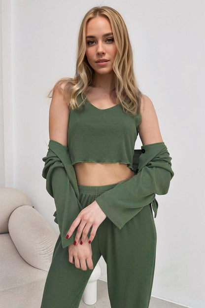 Basic Bae Buttery-Soft Round Neck Tank, Cardigan and Pants Set