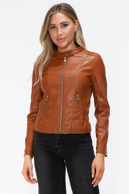 Snobbish Faux Leather Zip Up Drawstring Hooded Jacket