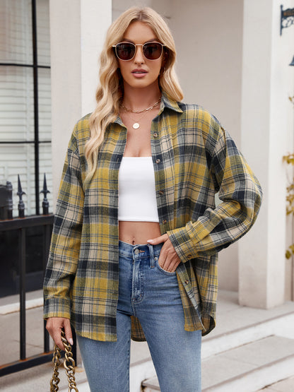 Pocketed Plaid Collared Neck Long Sleeve Shirt