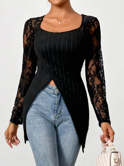 Square Neck Lace Patchwork Long Sleeve T-Shirt