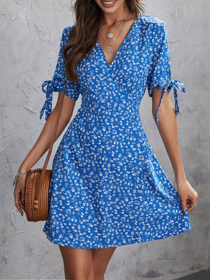 Honey Printed Surplice Short Sleeve Mini Dress