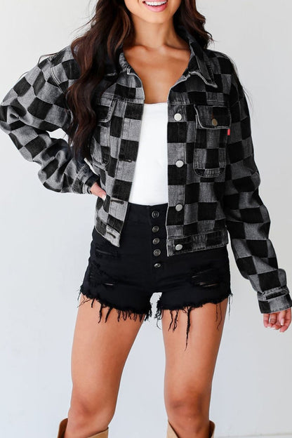 Checkered Button Up Denim Jacket