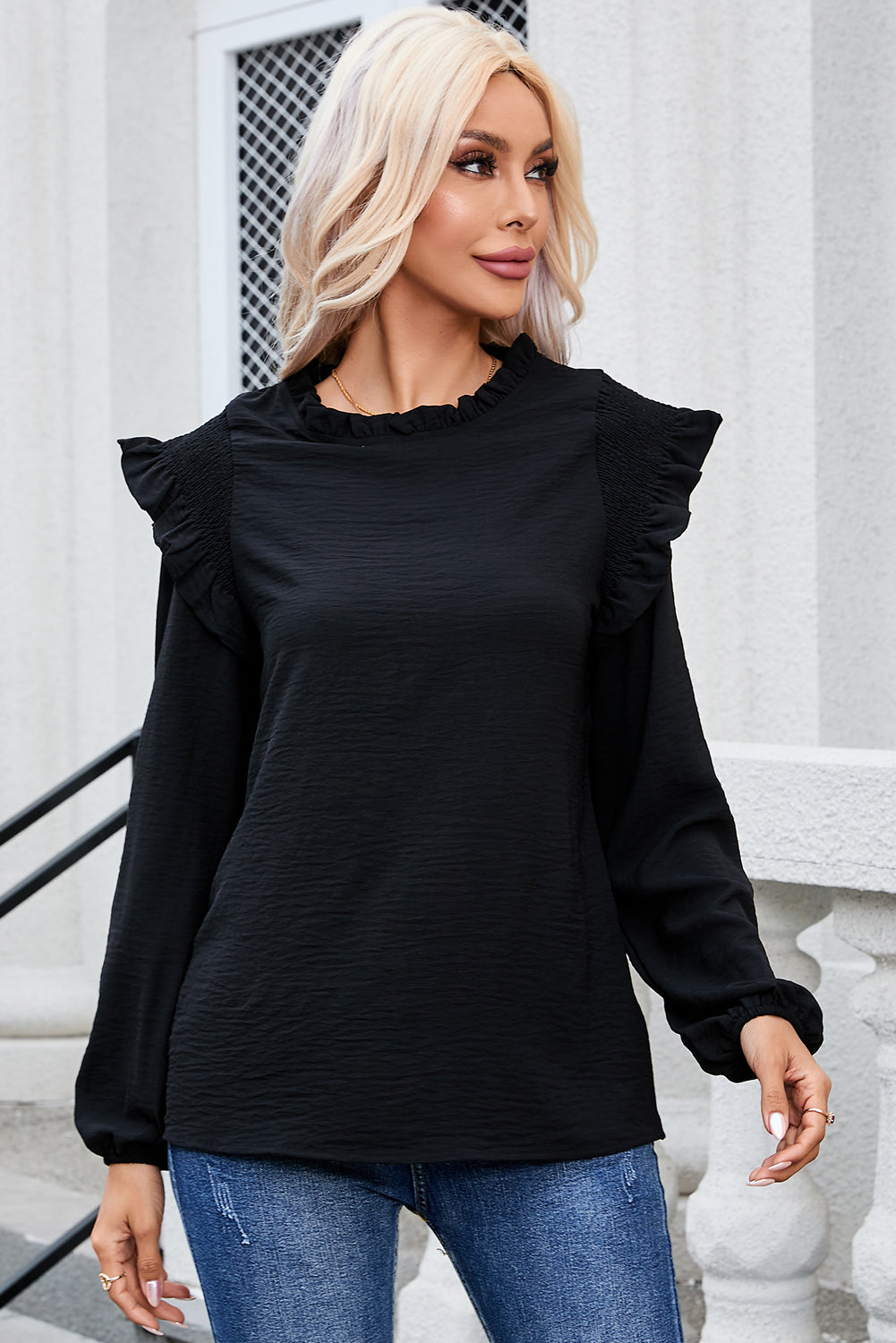 Frill Mock Neck Ruffled Balloon Sleeve Blouse